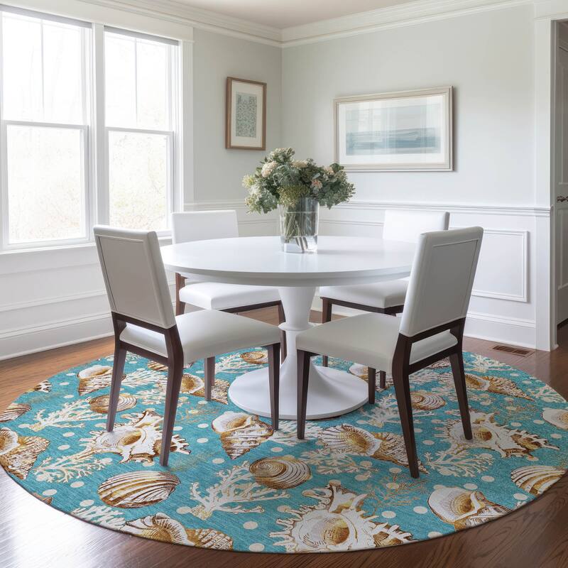 Premium Washable Super Soft Coastal Seashells Mayfield Rug - Aqua - 8' x 8' - Round