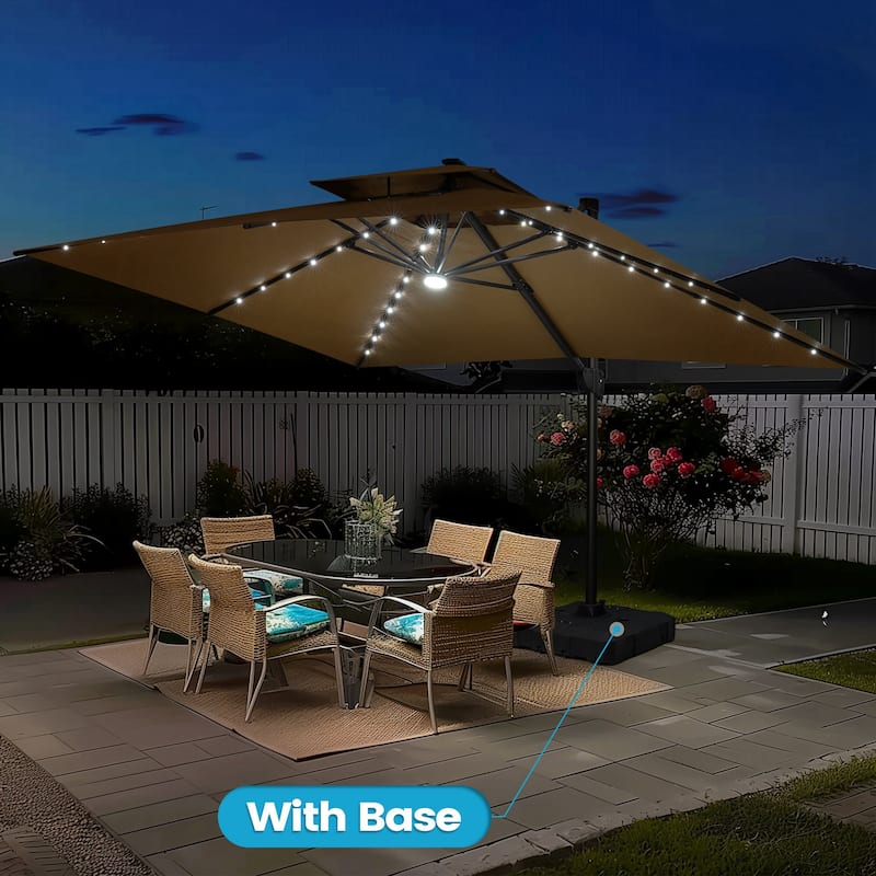 13 x 10 FT Outdoor Patio Cantilever LED Lighted Double Vented Umbrella with Base - Tan