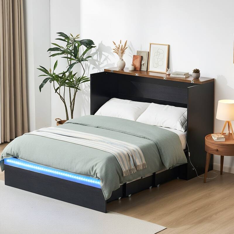 Murphy Bed with Storage Drawer,Smart LED Lighting & Built-in Charging Station, Space-Saving Cabinet Bed for Kids,Adults,Black - Full