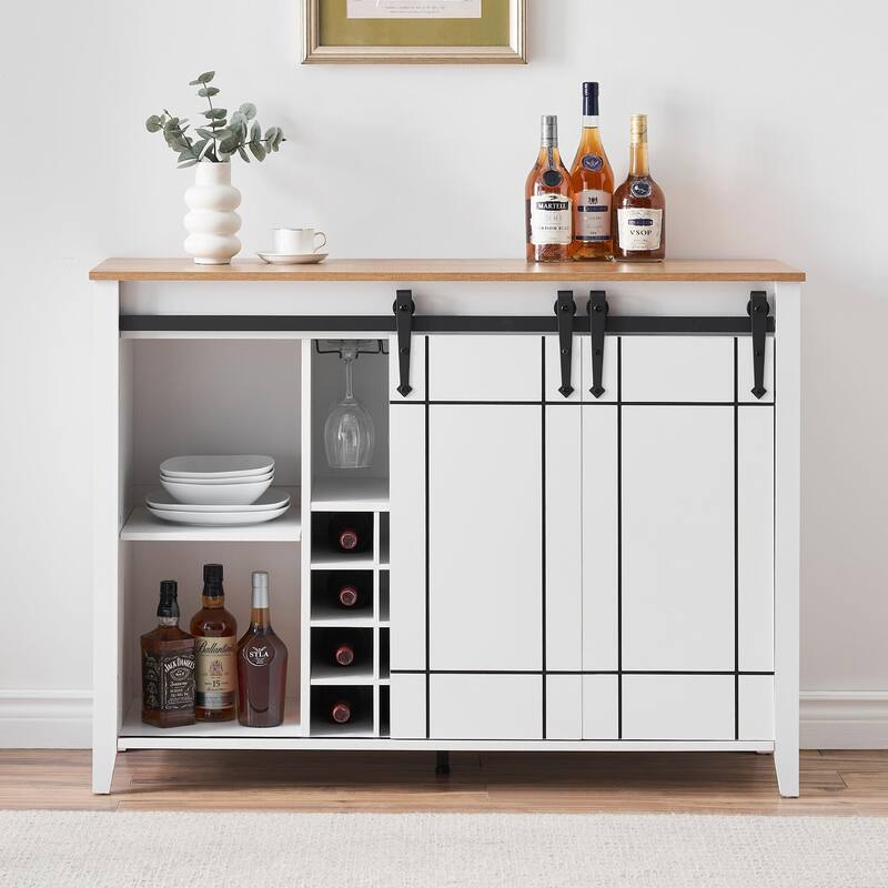 Farmhouse 47" Wine Bar Cabinet Buffet Sideboard Cabinet with 16 Bottle Wine Rack - 15.7"D x 47.2"W x 34.61"H