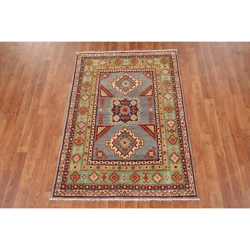 Geometric Grey Kazak Foyer Rug Hand-Knotted Wool Carpet - 3'5" x 4'10"