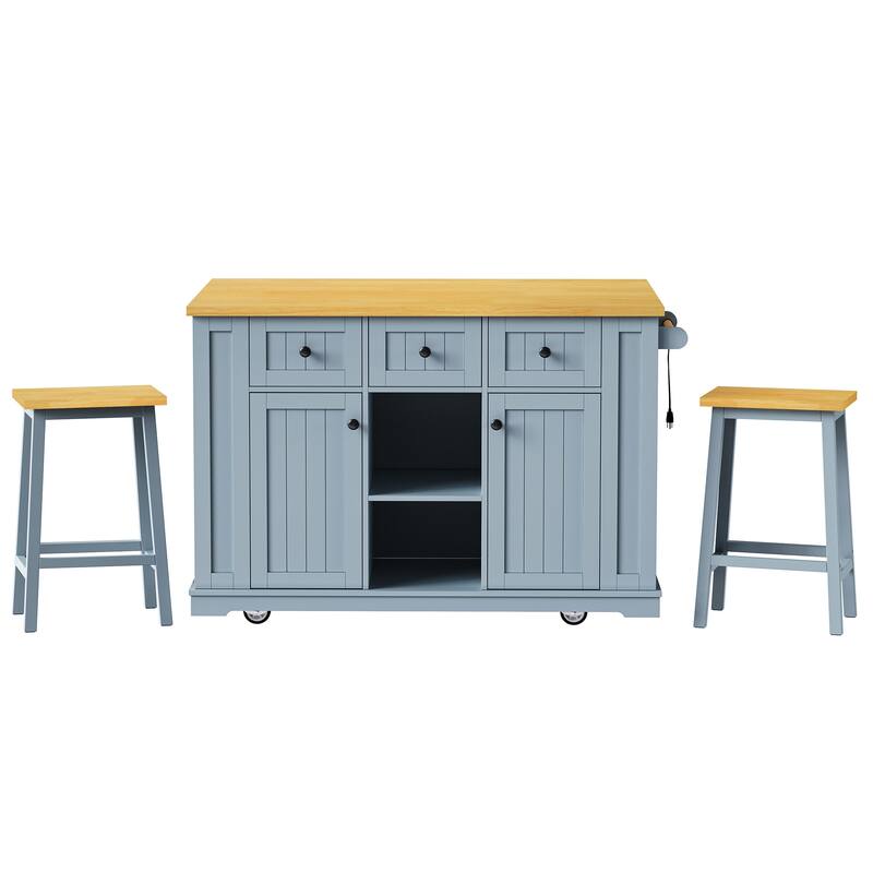 Large Kitchen Island with 2 Bar Stools, Power Outlet, Kitchen Storage Cart with Drop Leaf, 5 Open Side Racks, 3 Drawers