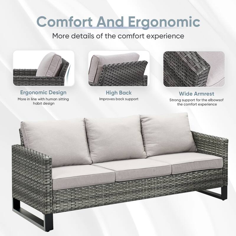 Patio Sofa 2 Swivel Chairs Ottomans and Fire Table Grey-Beige - Grey