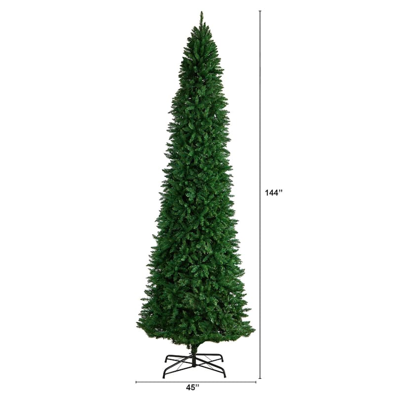 12ft. Slim Green Pine Artificial Christmas Tree with 3235 Bendable Branches - Towering Holiday Showstopper