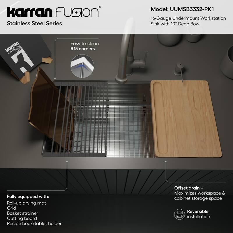 Karran Fusion Undermount 33-in x 18-in Stainless Steel Single Bowl Workstation Kitchen Sink