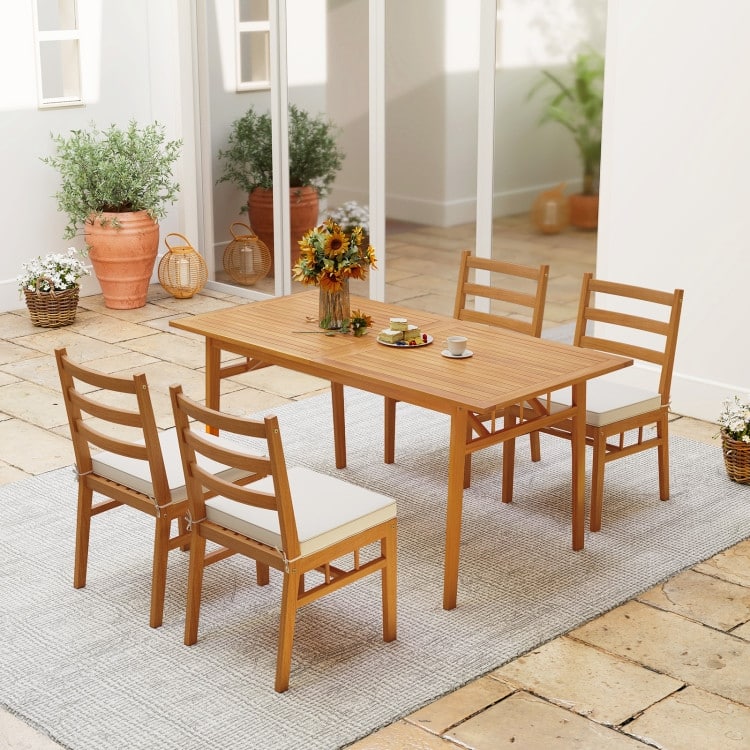 Natural Off-White Acacia Wood Dining Chairs Set of 4 with Cushions - 18” x 21.5” x 34” (L x W x H)
