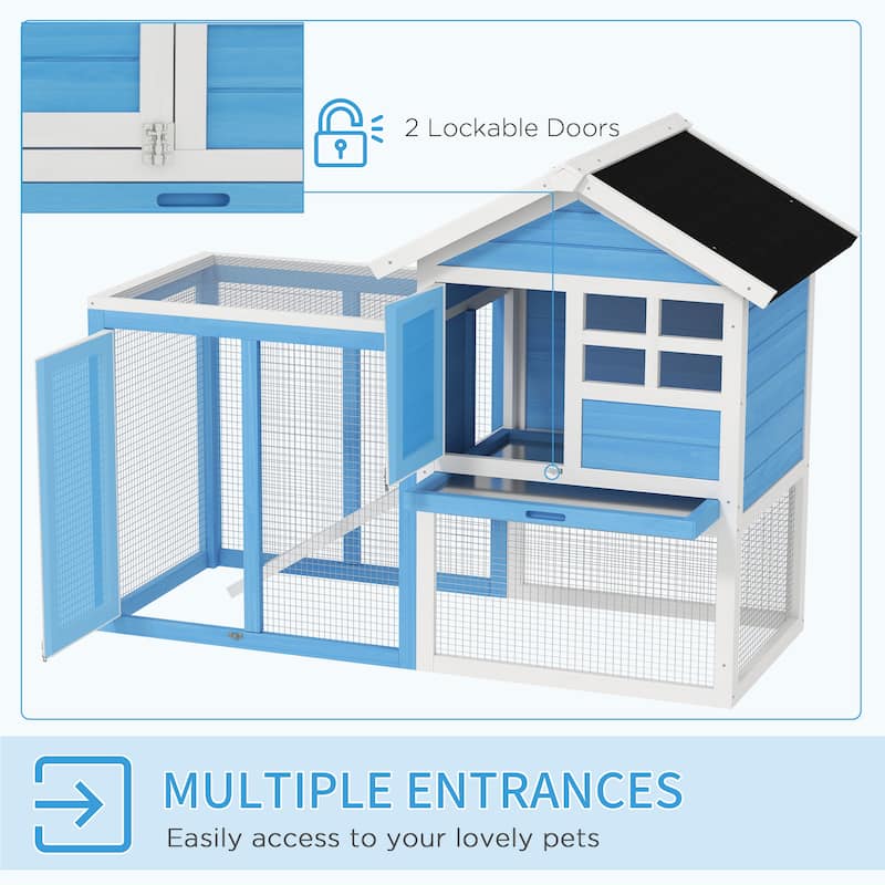 Light Blue Indoor Outdoor Wooden 2-Story Bunny Hutch with Run and Ramp Tray - 48" L x 24.75" W x 36.25" H