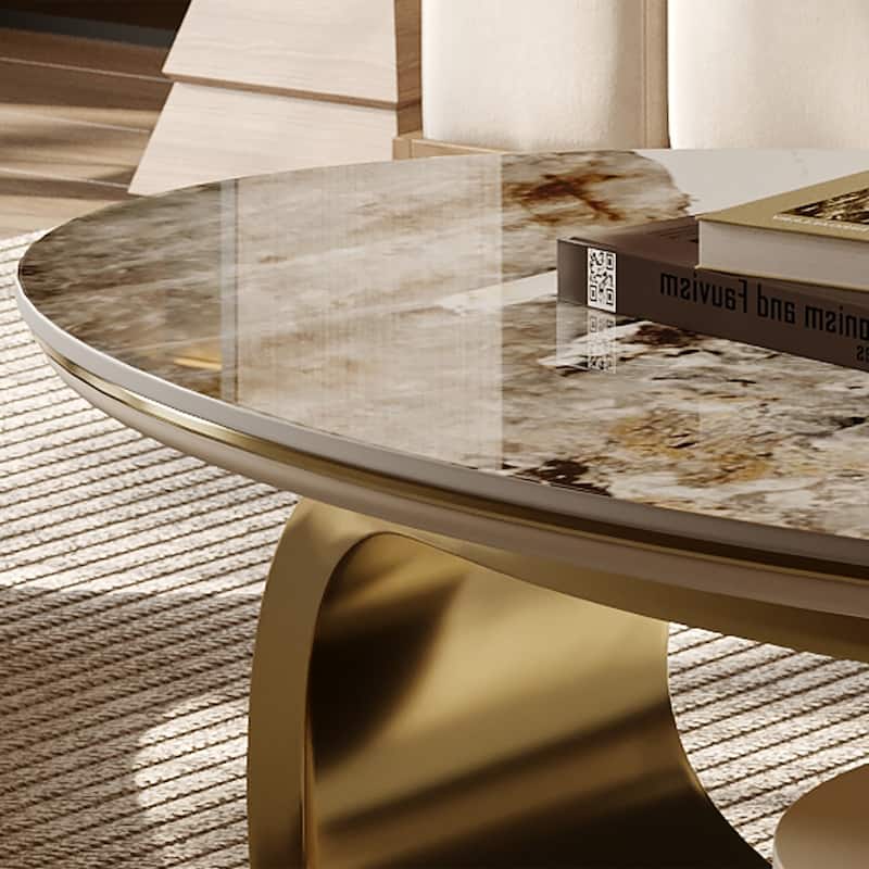 51" Modern Oval Coffee Table, Sintered Stone Top, Gold legs, Drawer - 51.2" X 27.5"