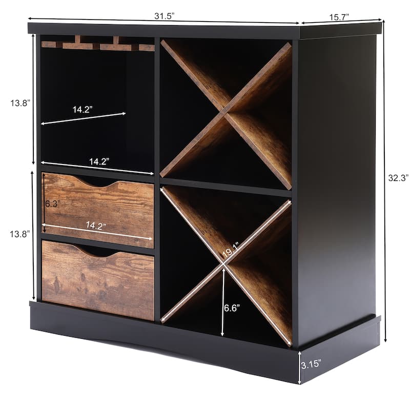 Black and Brown Wood 2-Drawer X-Storage Wine Cabinet