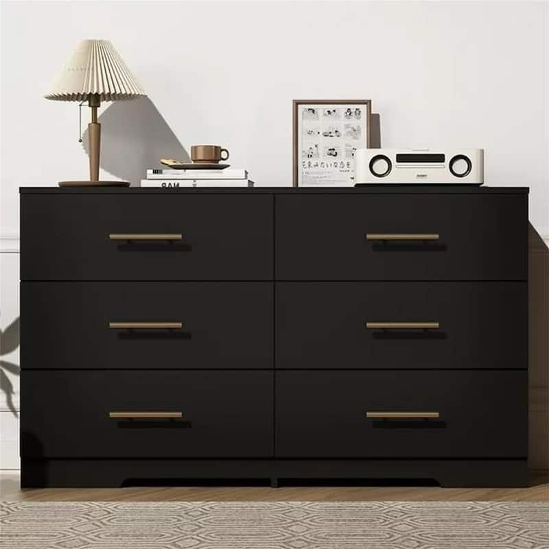 6 Drawer Dresser for Bedroom,Chest of Dressers,Modern Wooden Dresser Chest with Golden Handles - Black
