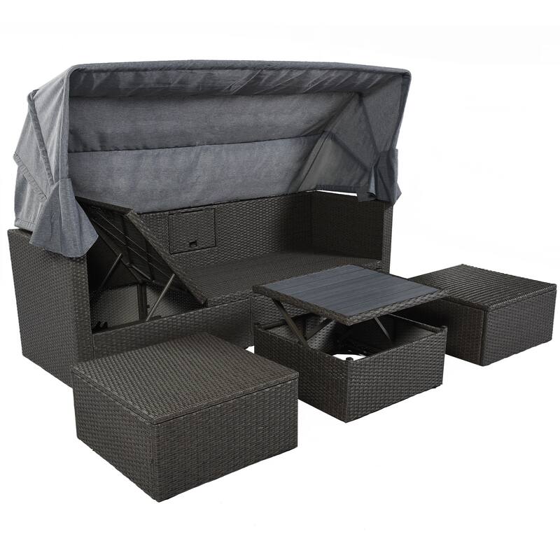 4 Pcs Patio Furniture Set, Outdoor Sectional Sofa Set, Rattan Daybed with Retractable Canopy, Coffee Table with Lifting Top