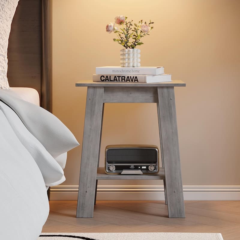 , Rustic Side Table with Storage Shelf, Small Center Table