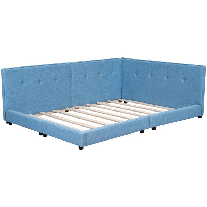 Queen Size Upholstered Platform Bed with USB Ports in Blue