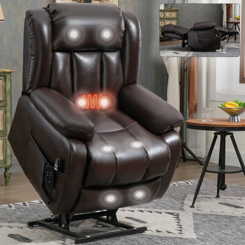 Brown Medium Electric Power Lift Recliner Chair in Genuine Leather with Dual Motors, 8-Point Massage, and Lumbar Heat