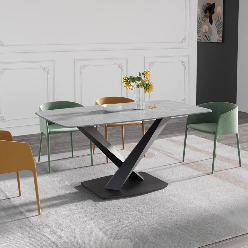 63" Modern Dining Table with Slate Stone Top and Metal Legs, Marble Dining Table