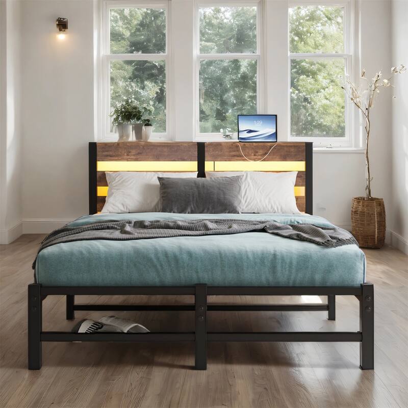 Full Size Metal Platform Bed with Wood Headboard, RGB Lights, Charger