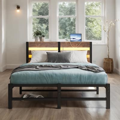 Full Size Metal Platform Bed with Wood Headboard, RGB Lights, Charger