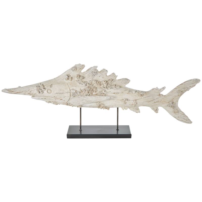 Cream Polystone Textured Fish Decorative Sculpture with Brown Distressing and Black Metal Stand