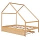 preview thumbnail 7 of 11, Natural Full Size Wooden House Bed With Trundle and Roof for Kids, Boys and Girls