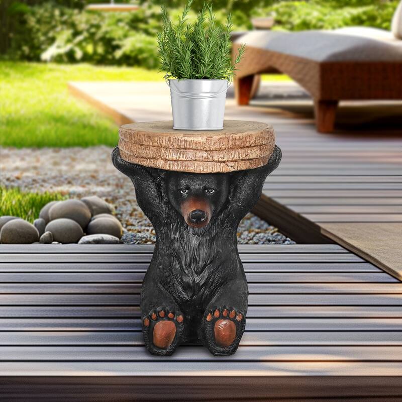 Rustic 20.8" H Black Bear Side Table Bear Statue Holding a Tree Stump Tray Adding a Touch of Woodland Charm to Your Porch, Patio