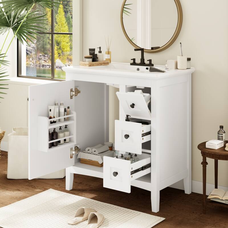 GDFStudio - Rivington Modern Bathroom Vanity with Ceramic Sink and 3 Storage Drawers - 30'W