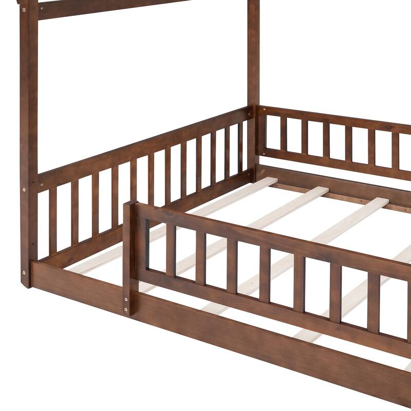 Full Size Wooden House Bed Frame with Fence for Kids and Teens, Walnut Finish