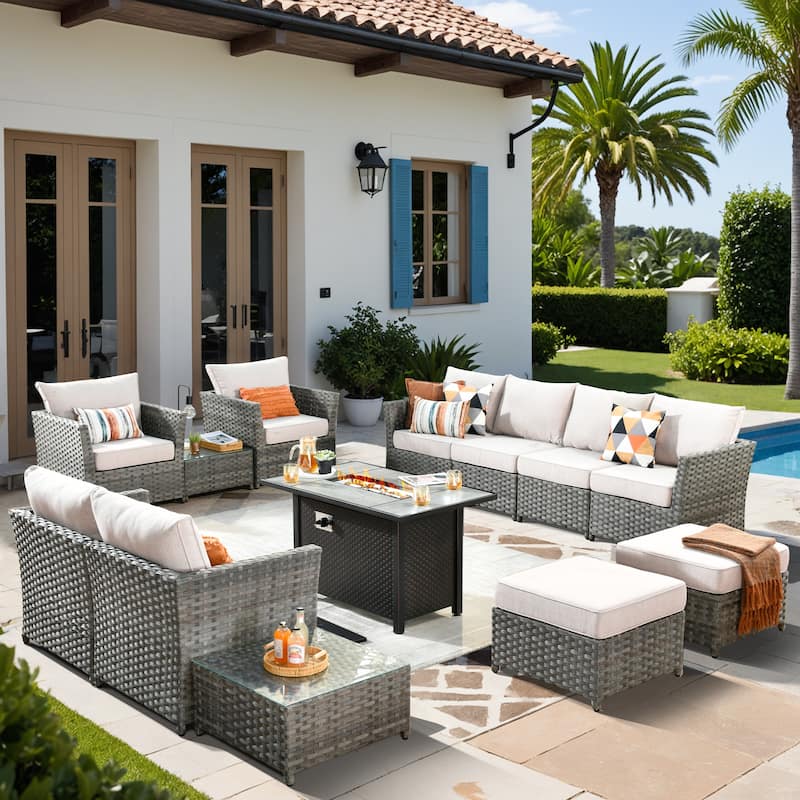 XIZZI 13-piece Outdoor Patio Wicker Furniture Set with Fire Table - Ivory