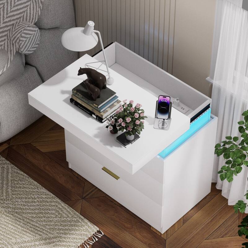 White Accent Table Nightstand with Charging Station and LED Lights, End Table Side Table with Drawers