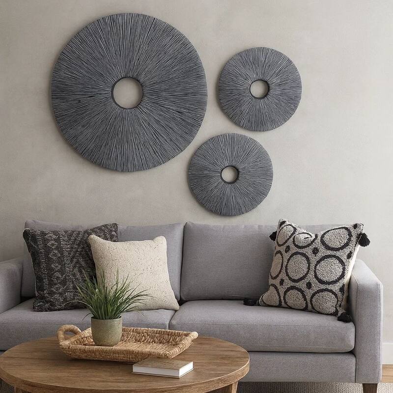 Ribbed Round Sandstone Wall Decor Set of 2 with Cut Out at Centre, Large, Gray