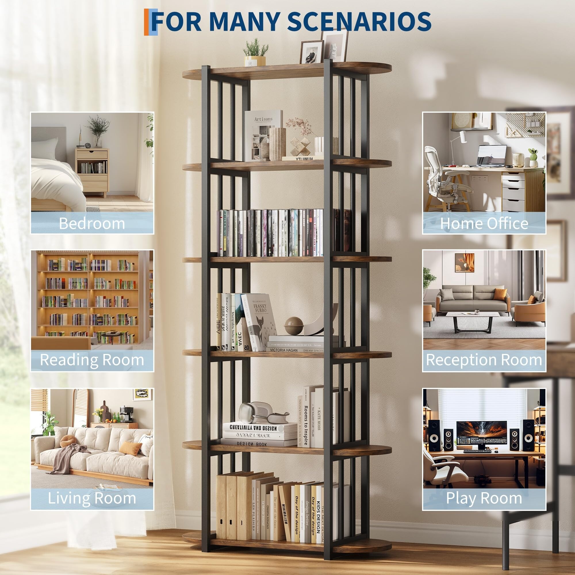 6 Tier Industrial Bookshelf, 71 Inch Tall Narrow Bookcase with