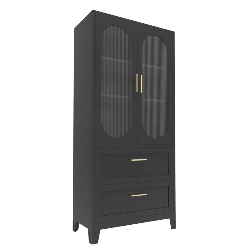 Freestanding Black Metal Storage Cabinet Glass Drawers - N/A