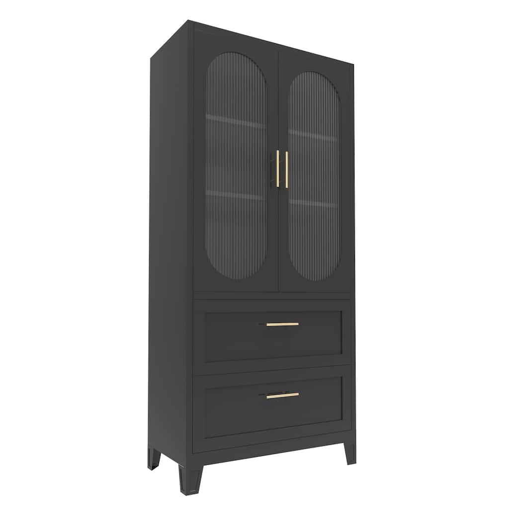Freestanding Black Metal Storage Cabinet Glass Drawers - N/A