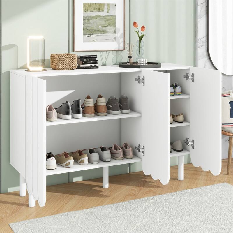 Modern Shoe Cabinet with Adjustable Shelves, Accent Storage Cabinet with Wave Doors, Sideboard Buffet Cabinet with Wood Legs - White