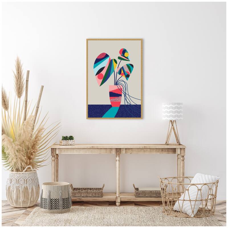 Kate and Laurel Sylvie MCM Blue and Pink Monstera Framed Canvas by Rachel Lee