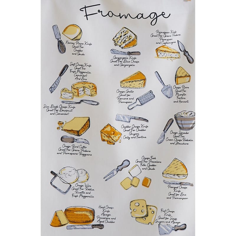 Set of 2 Fromage Cheese Themed with Coordinating Yellow Black Stripe Cotton Kitchen Dishtowels 26L x 18W in.