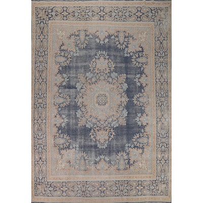 Blue Medallion Kerman Persian Vintage Rug Hand-Knotted Wool Carpet - 9'6" x 12'11"