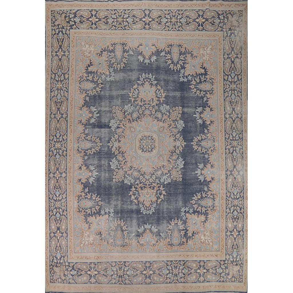 Blue Medallion Kerman Persian Vintage Rug Hand-Knotted Wool Carpet - 9'6" x 12'11"