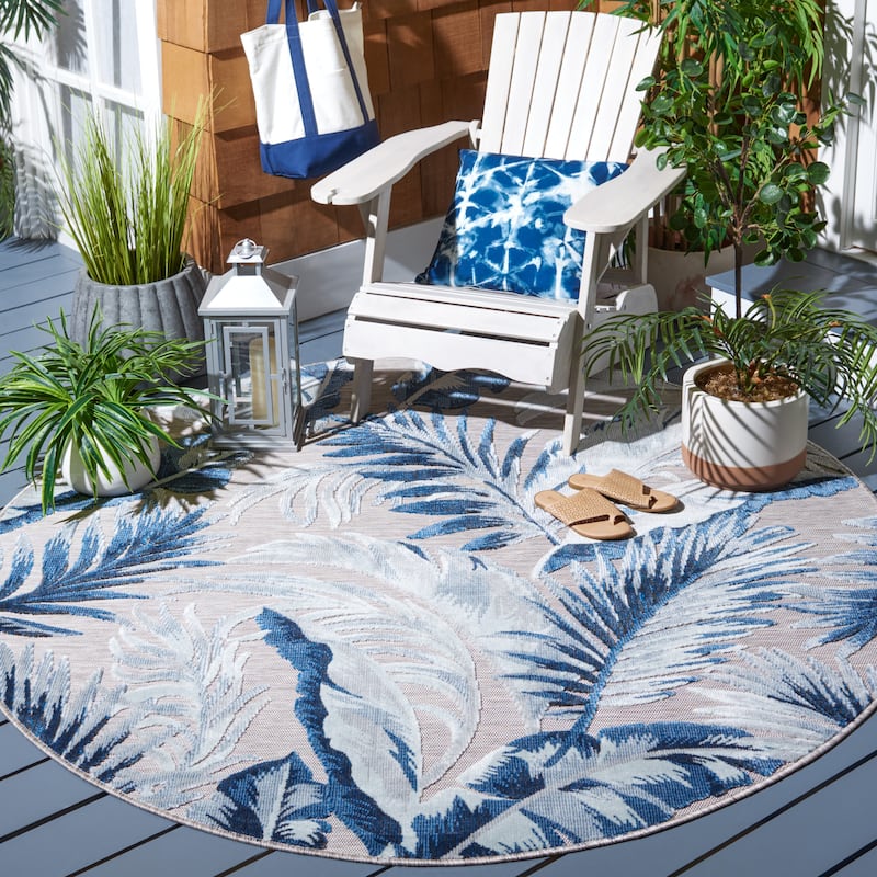 SAFAVIEH Cabana Zhuldyz Indoor/ Outdoor Waterproof Rug - 6'5" Round - Beige/Navy