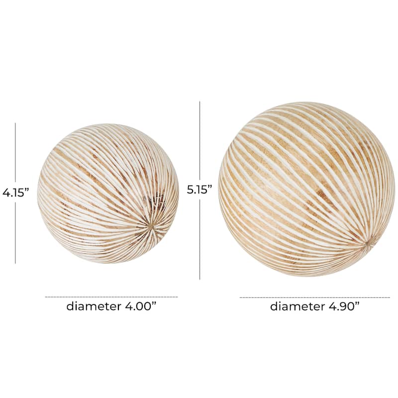 Cream Mango Wood Handmade Decorative Ball Orbs & Vase Filler with Carved Lines or Tribal Patterns (Set of 2)