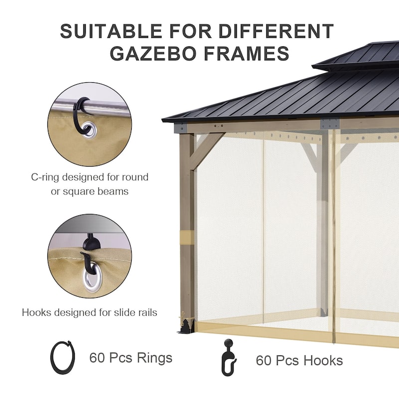 Aoodor Gazebo Universal Mosquito Netting Screen Replacement, 4-Panel Screen Walls with Double Zippers - (Mosquito Net Only)