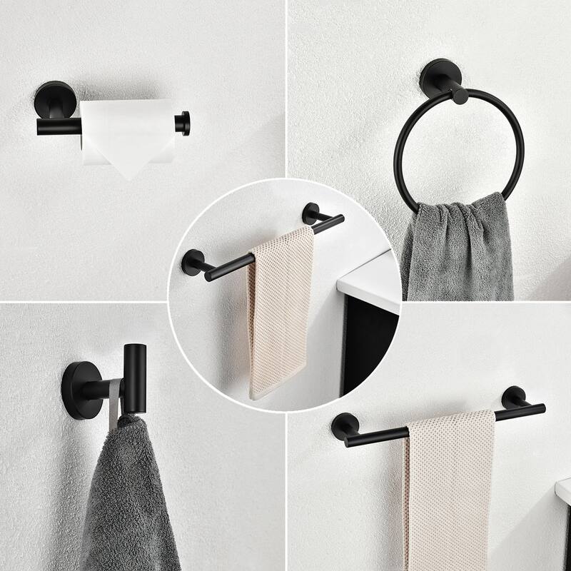 6-Piece Bath Hardware with Towel Bar Towel Hook Toilet Paper Holder and Towel Ring Set in Matte Black/Brushed Nickel