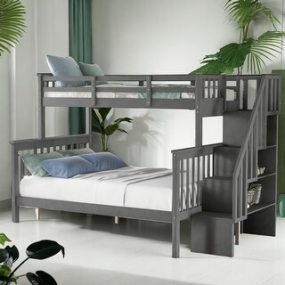 Stylish Twin-Over-Full Bunk Bed with Trundle, Storage Staircase and Guardrail for Bedroom, Stable and Safety, Grey