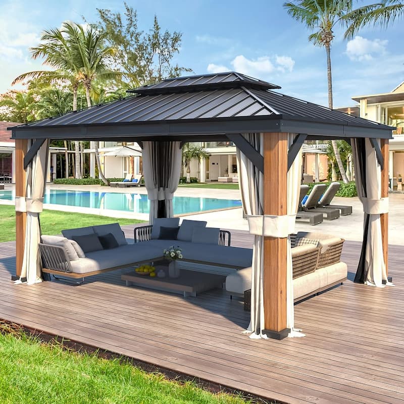 Outdoor Galvanized Steel Roof Gazebo Pergola w Wooden Coated Alumninum Frame, Privacy Curtains and Nettings Include