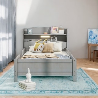 Classic Twin Size Platform Kids Bed Frame with LED Light, Multi-functional Storage Headboard and Safety Guardrail, Antique Grey