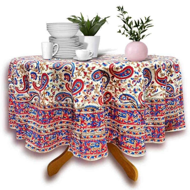 Eternal Bohemian Floral Block Print Tablecloth Round, Beige - Paisley Elephant, Red Blue Tan - 72-in Round - Paisley Elephant, Red Blue Tan