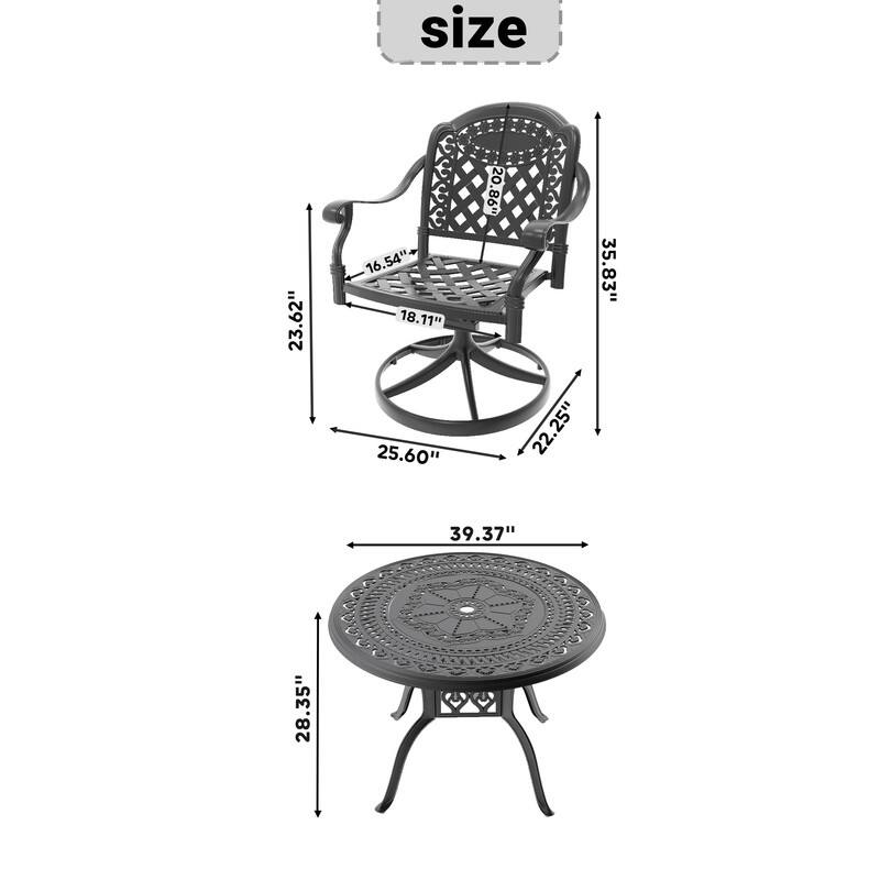 5-Piece Aluminum Round Outdoor Patio Dining Set, 4 Cushioned Swivel Chairs, Table, All-Weather Frames