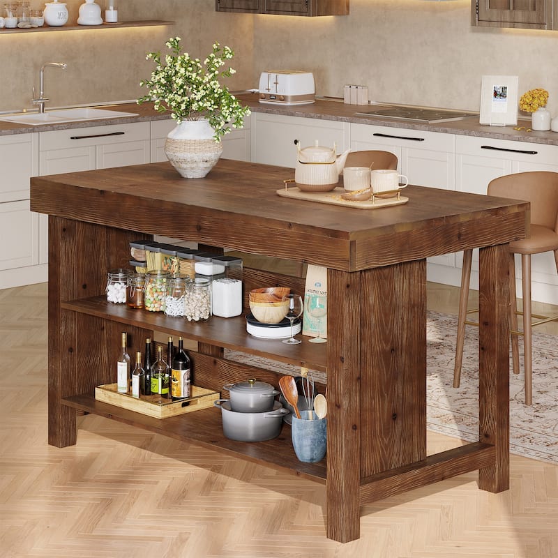 Solid Wood Kitchen Island, Open Storage Counter Height Table, Kitchen Dining/Living Room Coffee Bar Accent Island