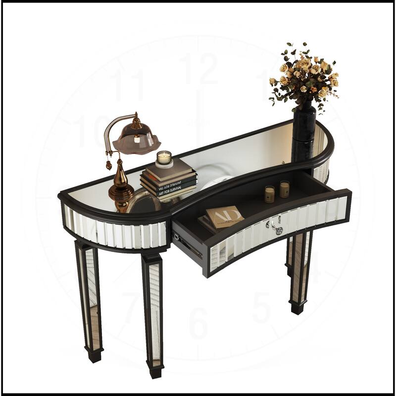 47" Half-Moon Mirrored Console Table with Fluted Glass