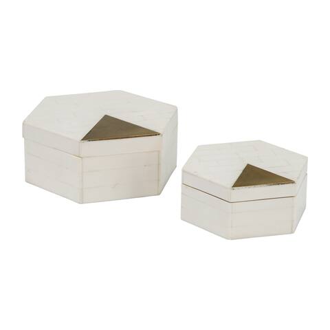 Sagebrook Home Resin, Set Of 2 5/7" Hxgon Boxes With Brass Inlay, White/Gold, Hexagon, 3"H, Solid Color - 7.0" x 7.0" x 3.0"