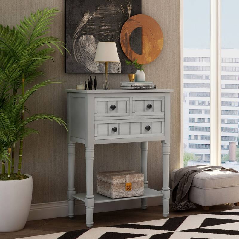 Cusp Barn Narrow Console Table, Slim Sofa Table with Three Storage Drawers and Bottom Shelf for Living Room, Easy Assembly